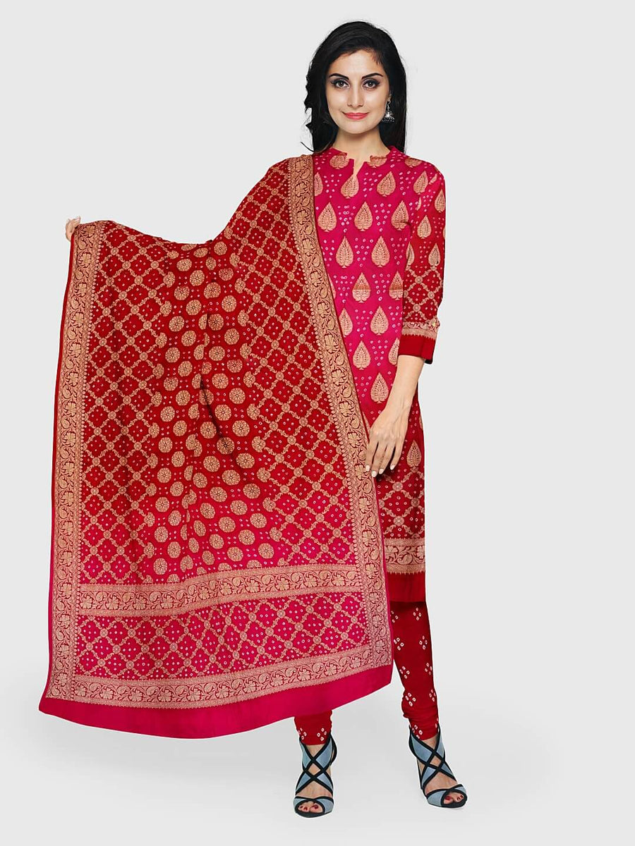 Coral And Red Banarasi Bandhani Unstitched Suit in Synthetic – Khatri ...
