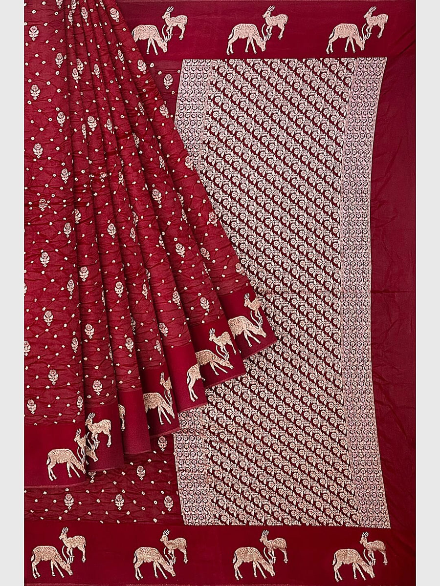 Maroon Banarasi Bandhani Saree in Synthetic – Khatri Jamnadas Bechardas
