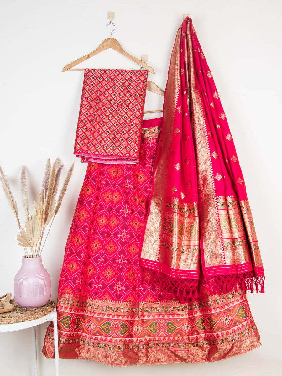 Coral Patola Semi-Stitched Lehenga in Synthetic – Khatri Jamnadas Bechardas