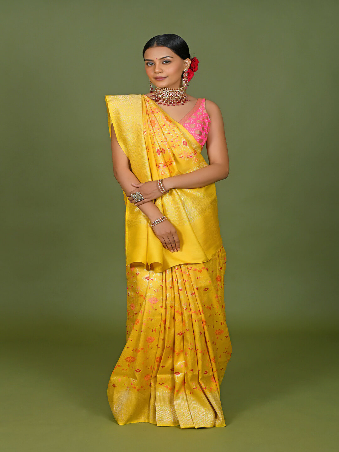 Yellow And Green Banarasi 2024 Silk Saree For Woman Flowy Light Weight Saree Party-wear Saree