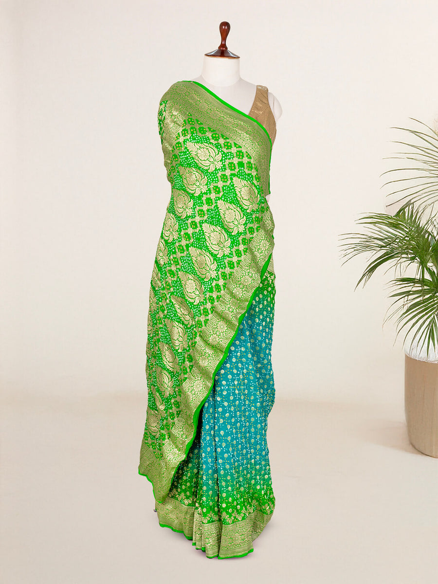 Aqua And Parrot Banarasi Bandhani Saree in Georgette – Khatri Jamnadas ...