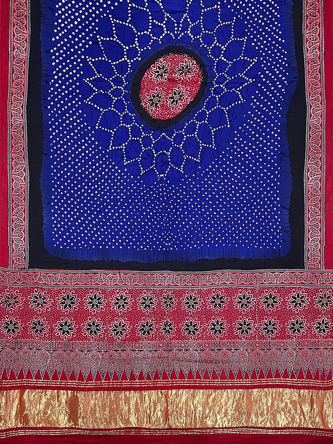 Red And Blue Ajrak Bandhani Unstitched Suit in Modal Silk – Khatri