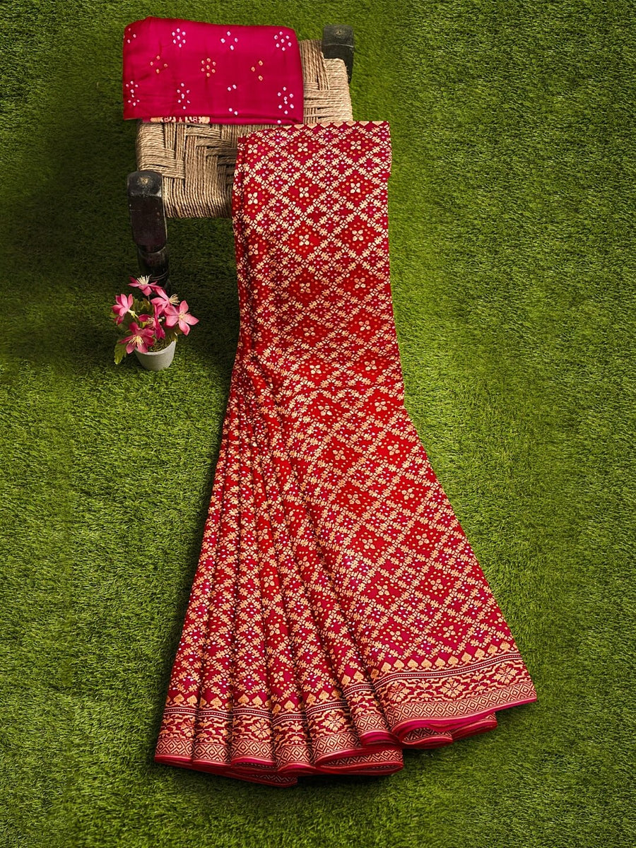 Coral And Pink Jaal Bandhani Saree in Georgette – Khatri Jamnadas Bechardas