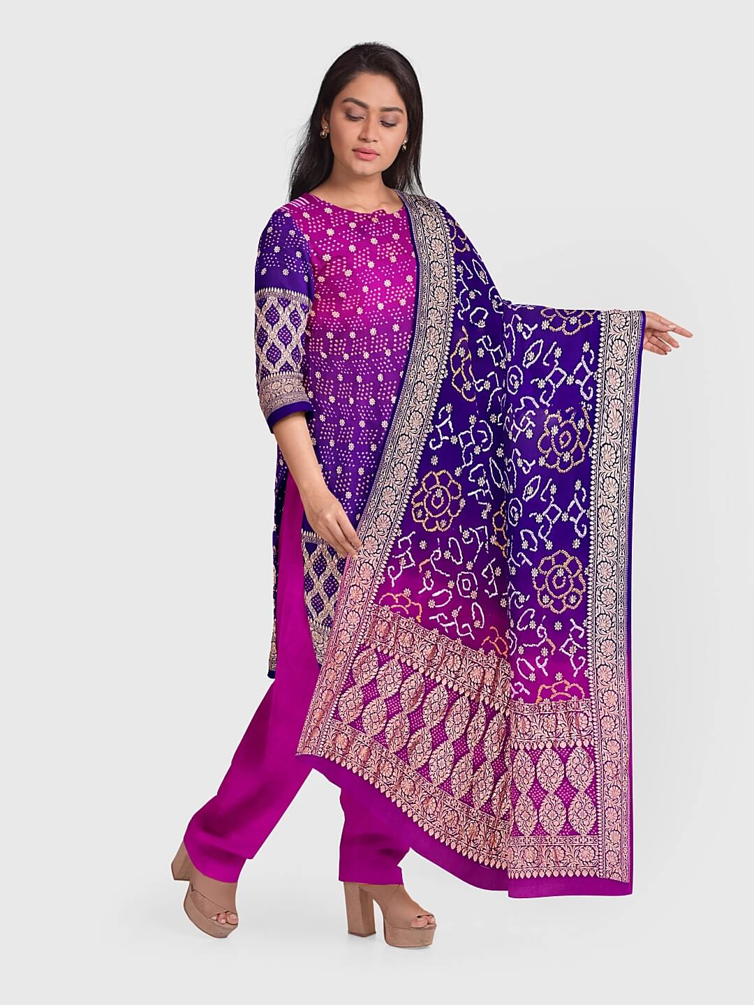 Unstitched Dress Material | Bandhani Suits / Salwar Kameez: Khatri Jamnadas Bechardas Tagged "Gaji Silk" Unstitched Dress Material | Bandhani Suits / Salwar Kameez: Khatri Jamnadas Bechardas Tagged "Gaji Silk"