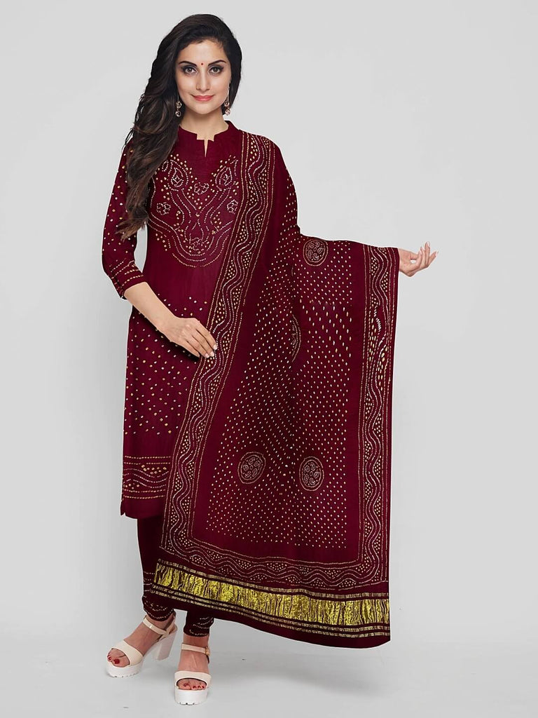 gaji silk bandhani dress material Maroon Traditional Bandhani Unstitched Suit in Gaji Silk – Khatri Jamnadas  Bechardas
