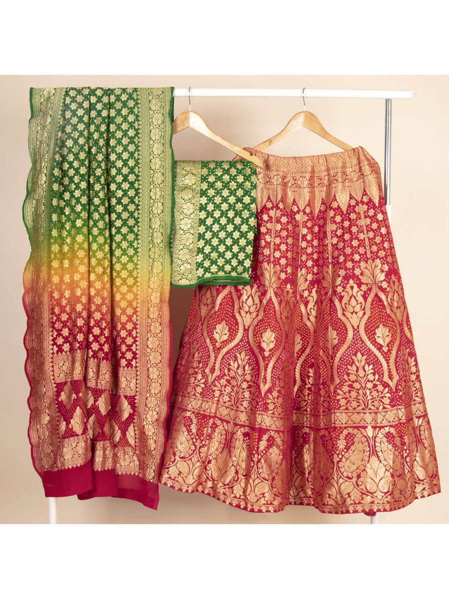 Red And Green Bandhani Semi-Stitched Lehenga in Georgette – Khatri ...