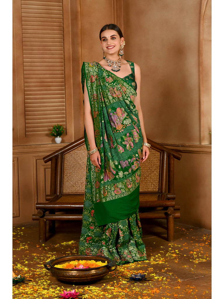 Pure Gaji Silk Bottle Green Bandhani Saree with blouse – Priyaz Gallery