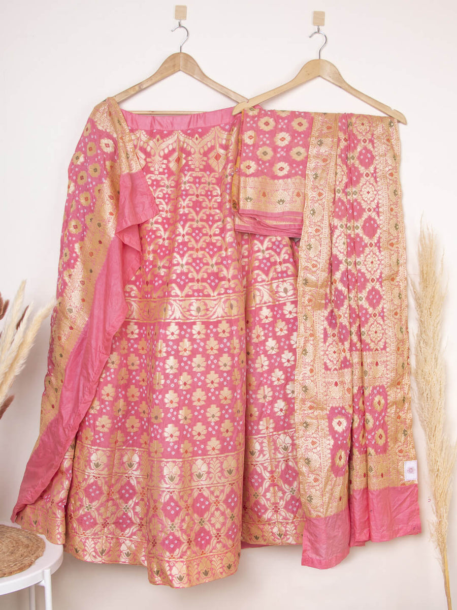 Baby Pink Bandhani Semi-Stitched Lehenga in Synthetic – Khatri Jamnadas ...