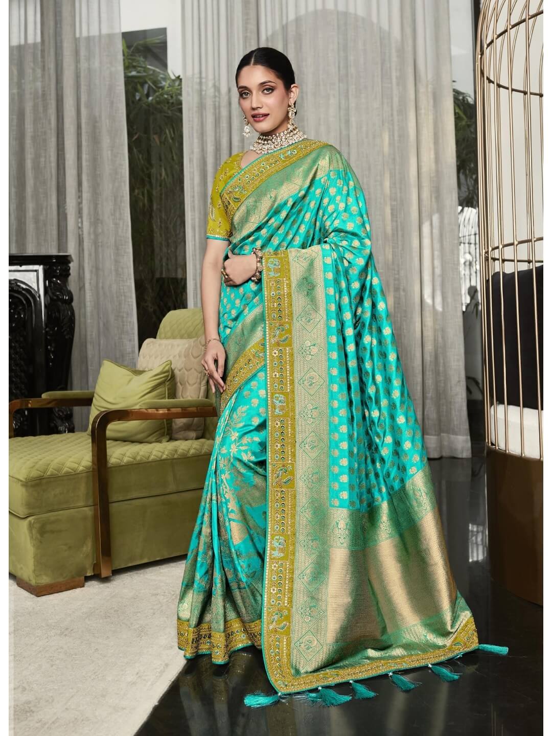 Buy Firozi Banarasi Silk Trendy Saree Online -